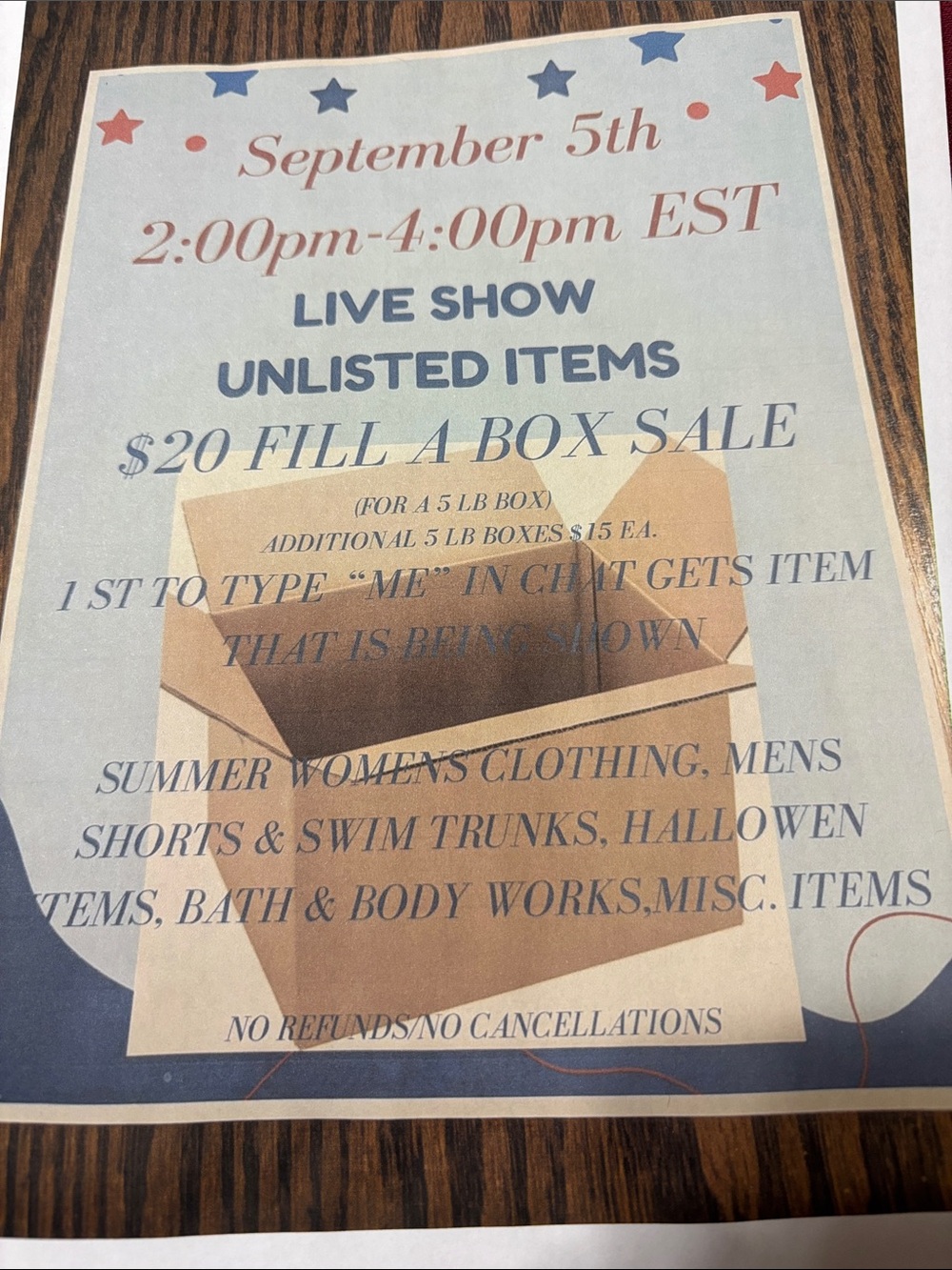 Live $20 Fill A Box Show Sept. 5th 2 pm Est.